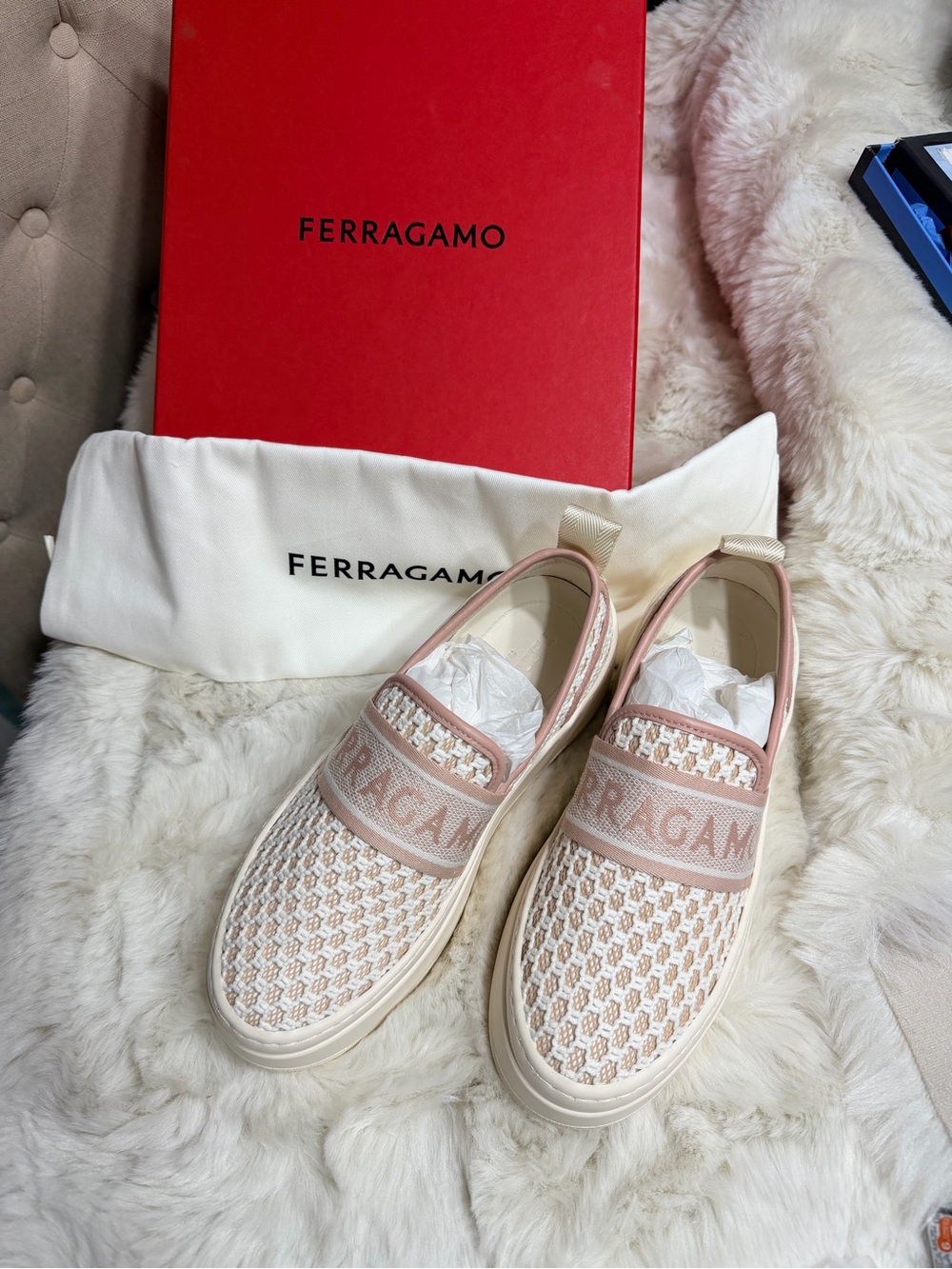 Salvatore Ferragamo Women's Knit Slip-On Sneakers — Blush and White